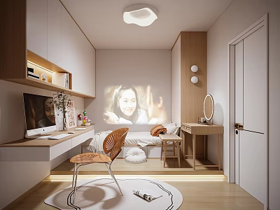 Tatami Bedroom Interior Design With Projector Desk Computer Wicker Chair Round Rug And Wooden Cabinets 3d model