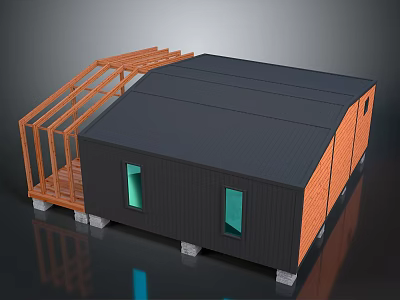 Modern Modular House Structure With Black Roof Orange Frame Wooden Porch and Glass Windows 3d model