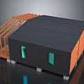 Modern Modular House Structure With Black Roof Orange Frame Wooden Porch and Glass Windows