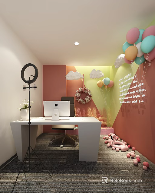 Public Office Space With White Desk Apple Computer Ring Light And Colorful Balloons 3d model 