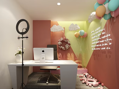 Public Office Space With White Desk Apple Computer Ring Light And Colorful Balloons 3d model