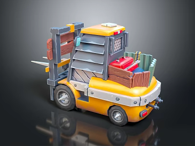 Yellow Cartoon Style Toy Forklift 3D Model With Wooden Crate Detail 3d model