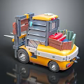 Yellow Cartoon Style Toy Forklift 3D Model With Wooden Crate Detail