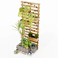 Vertical Wooden Trellis Garden Decor With Multiple Planters Green Plants Brick Base And Decorative Stones