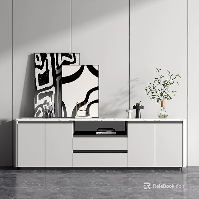 Modern White TV Stand with Marble Top and Black White Abstract Paintings Green Plants 3d model 