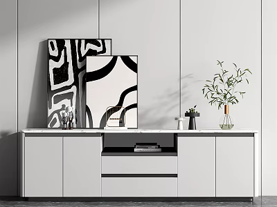 Modern White TV Stand with Marble Top and Black White Abstract Paintings Green Plants 3d model