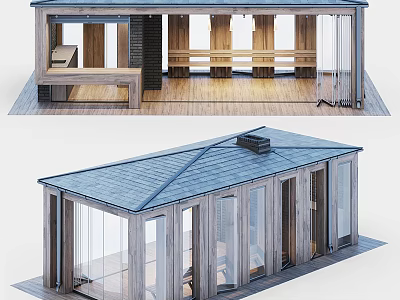 Modern Wooden Cabin With Large Windows Open Interior And Sloped Roof Chimney 3d model