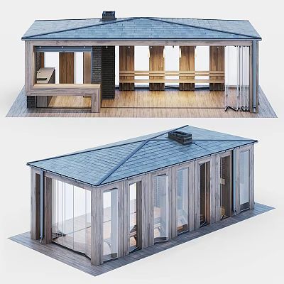 Modern Wooden Cabin With Large Windows Open Interior And Sloped Roof Chimney 3d model