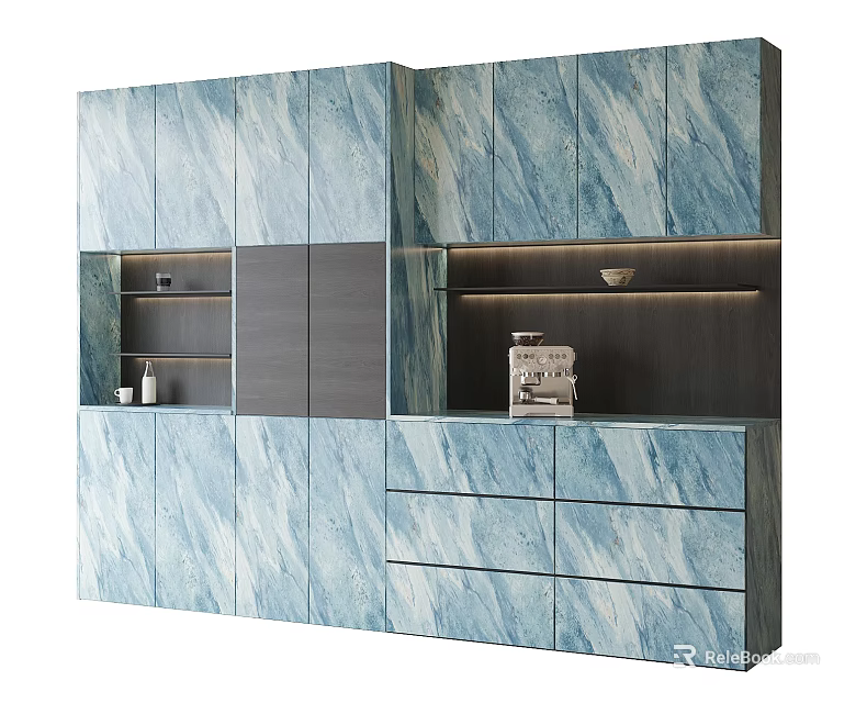 Modern Blue Gray Marble Texture Sideboard With Cabinets Drawers And Storage Shelves 3d model 