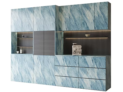 Modern Blue Gray Marble Texture Sideboard With Cabinets Drawers And Storage Shelves 3d model