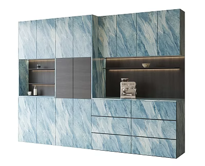 Modern Blue Gray Marble Texture Sideboard With Cabinets Drawers And Storage Shelves 3d model