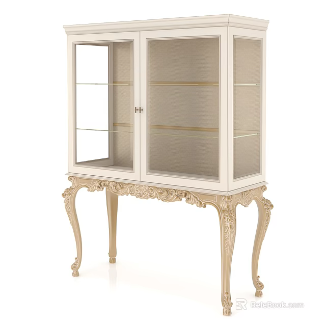 Elegant White Decorative Cabinet With Glass Doors Shelves And Ornate Carved Legs 3d model 