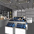 Specialty Store Interior With Shoes Display Shelves Bottles And Ceiling Lights