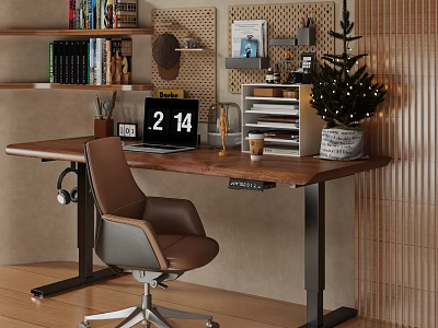 Modern Home Office Desk Interior With Laptop Brown Leather Chair And Bookshelf Decorations 3d model