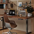 Modern Home Office Desk Interior With Laptop Brown Leather Chair And Bookshelf Decorations