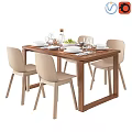 Modern Wooden Dining Table With Beige Chairs Tableware Wine Glasses And Fruits