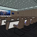 Modern Large Conference Room With Arranged Tables Chairs And City View Screen
