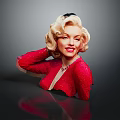 Blonde Woman In Red Sparkly Outfit With Cute Puppy Sitting On Shiny Black Surface