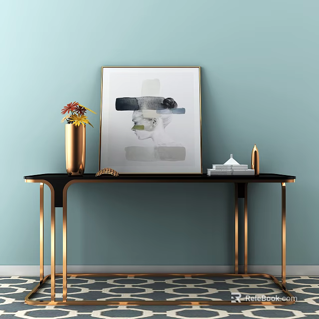 Elegant Console Table with Gold Legs Against Light Blue Wall Framed Artwork Gold Vase and Books 3d model 