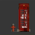 Red Telephone Booth With Open Door And Red Fire Hydrant On Paved Sidewalk
