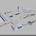 Industrial Factory Interior With Red Pipes Gray Containers Blue Machinery and Green Spheres