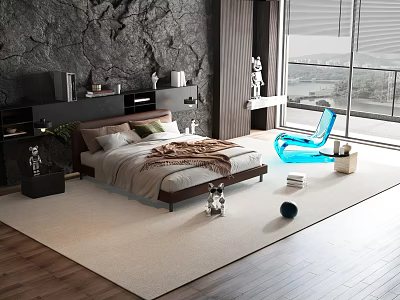 Modern Double Bed with Dark Stone Wall Blue Chair and Scenic Window in Minimalist Bedroom 3d model