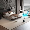 Modern Double Bed with Dark Stone Wall Blue Chair and Scenic Window in Minimalist Bedroom