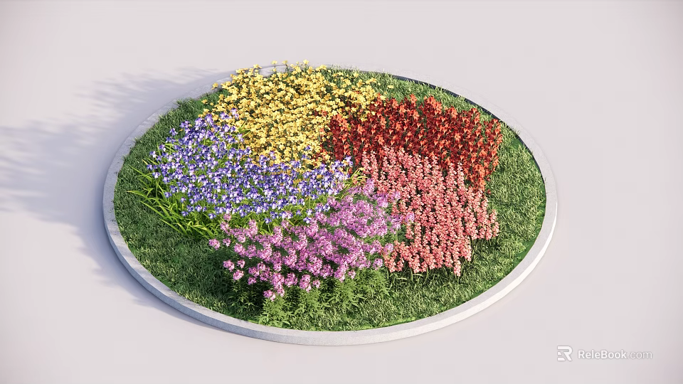 Circular Flower Pot with Various Colored Flowers and Green Grass Decorative Design 3d model 