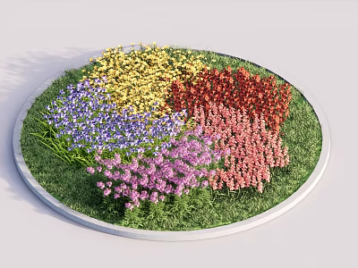 Circular Flower Pot with Various Colored Flowers and Green Grass Decorative Design 3d model