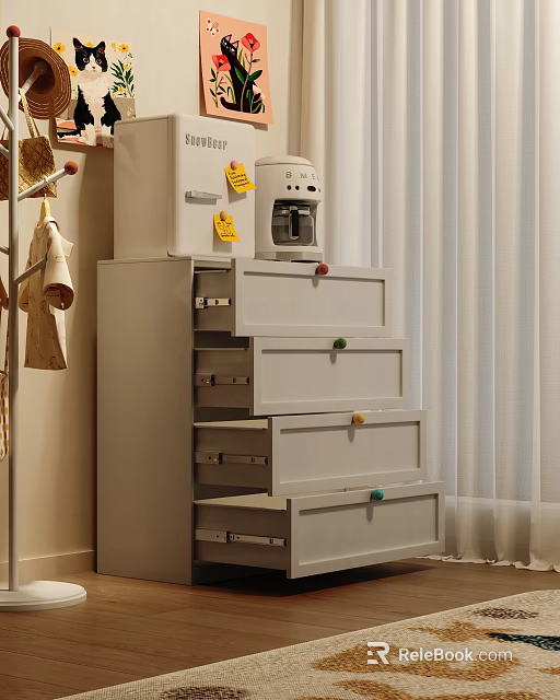 Modern Gray Chest of Drawers with Colorful Knobs and Multiple Storage Drawers 3d model 