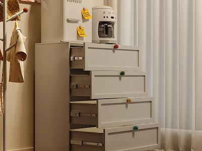 Modern Gray Chest of Drawers with Colorful Knobs and Multiple Storage Drawers 3d model