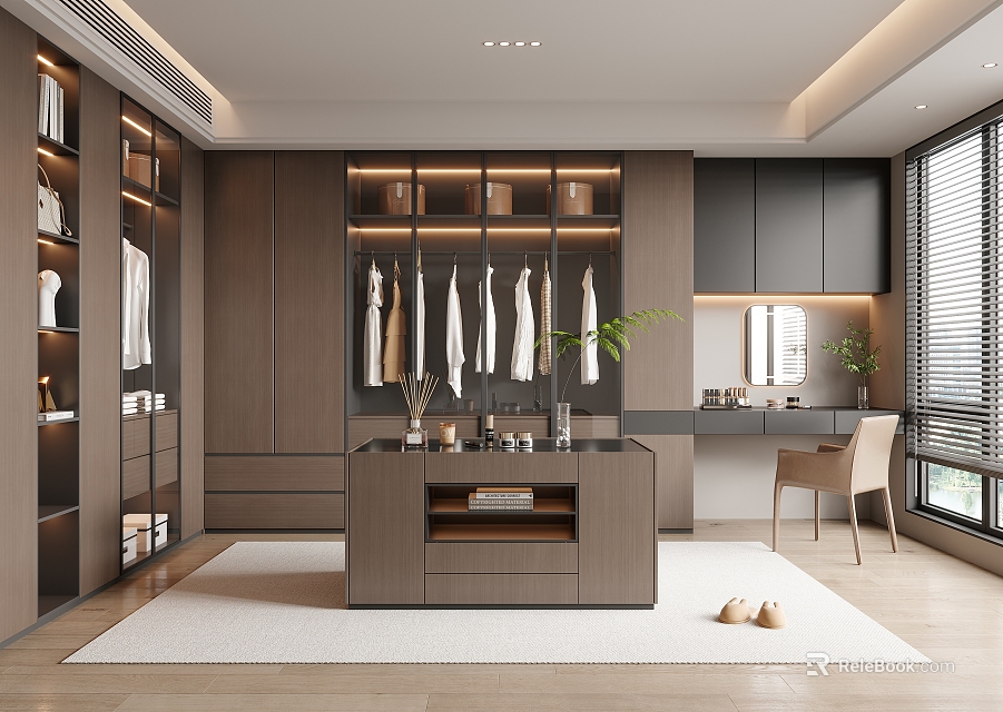 Modern Walk in Closet Interior Design With Wooden Cabinets Open Hanging Areas And Central Island 3d model 