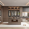 Modern Walk in Closet Interior Design With Wooden Cabinets Open Hanging Areas And Central Island