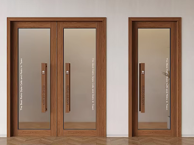 Double Doors With Wooden Frames Glass Panels And Metal Handles In Light Walls Herringbone Flooring 3d model
