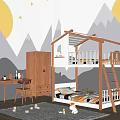 Kids Room Bunk Bed with Wooden Wardrobe Desk Chair and Mountain Sun Wall Decals