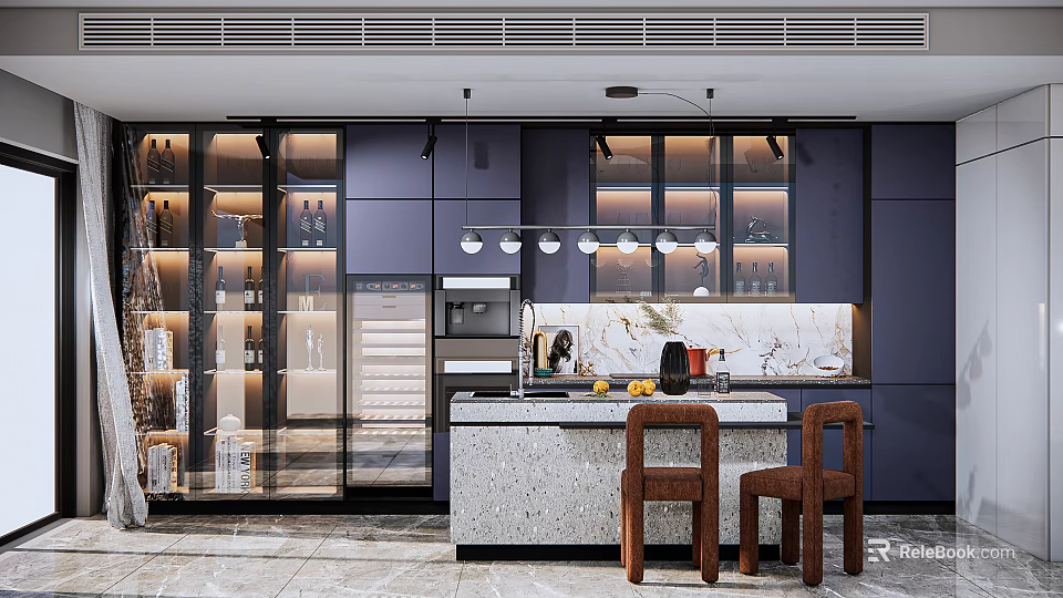 Elegant Modern Kitchen Interior Design With Marble Island Counter And Cabinets 3d model