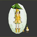 Girl Wearing Yellow Raincoat Holding Green Leaf Umbrella With Little Ducks And Small Leaf Decor