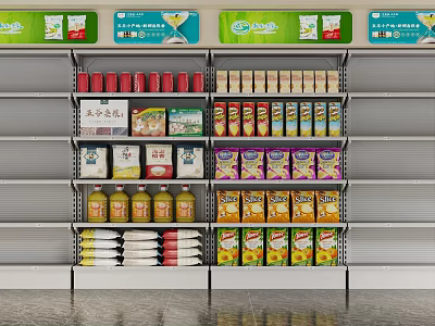 Multi Layered Metal Display Shelves With Various Canned Bottled And Boxed Products 3d model