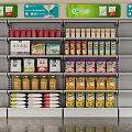 Multi Layered Metal Display Shelves With Various Canned Bottled And Boxed Products