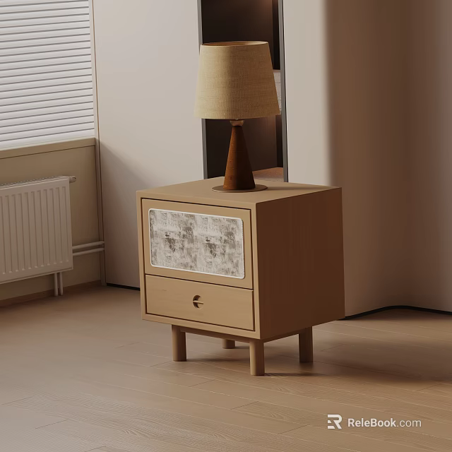 Minimalist Light Brown Wooden Nightstand With Patterned Drawer Front And Table Lamp 3d model