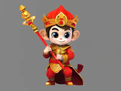 Cheerful Cartoon Game Movie Monkey Character In Red Outfit With Golden Crown Holding Red Staff 3d model