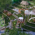 Scenic Rural Landscape With Terraced Platforms Green Trees White Umbrellas And Thatched Pavilion