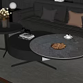 Modern Marble Coffee Table In Living Room With Black Leather Sofa Brown Pillows And Gray Rug