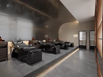 Modern Beauty Salon Interior With Neatly Arranged Black Beauty Beds And Gray Tones 3d model