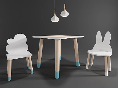 Kids Table Set With Cloud And Rabbit Shaped Chairs Wooden Legs Blue Accents 3d model