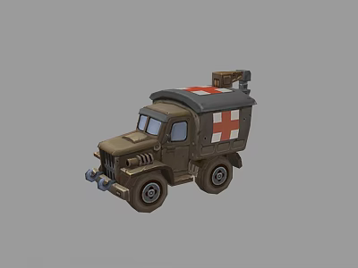 Brown Military Ambulance With Red Cross Symbol And Roof Storage Box 3d model