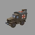 Brown Military Ambulance With Red Cross Symbol And Roof Storage Box