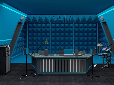 Blue Toned Recording Studio Interior With Soundproof Walls Control Console And Musical Instruments 3d model