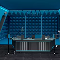 Blue Toned Recording Studio Interior With Soundproof Walls Control Console And Musical Instruments