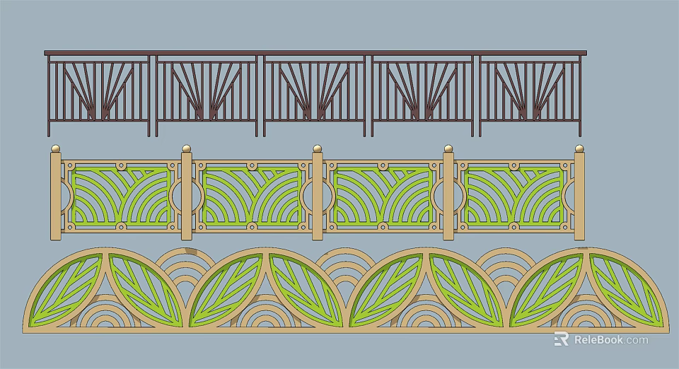 Decorative Fence Designs With Intricate Geometric Patterns And Colorful Leaf Motifs 3d model 